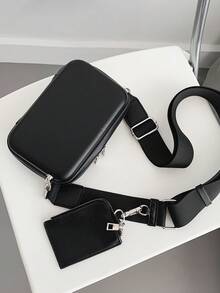 简约小号白色方形钱包，配有可拆卸宽肩带，斜挎包，适合毕业学校用品 - 黑色 - 查看 6