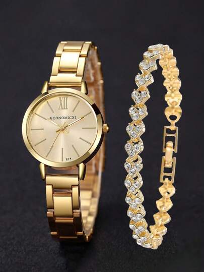 1 Stück Abschluss Digitaluhr mit kleiner Scheibe, Stahlarmband, Damenuhr und 1 Stück Armband Schmuckset für Damen