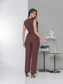 Plain Elegant Vest And Dress Pants Set C3302 - 酒紅色 - 查看 4