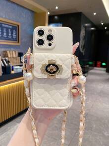 1 Stück Silber Perlen & Platin Schlüsselband Kartenhalter + 1 Stück beige gerade Kante Engelsauge Perforation stoßfeste tragbare Handyhülle, kompatibel mit Apple/Redmi/OPPO/VIVO/Realme, internationale Version, nicht die Inlandsversion - Beige - Übersicht 6