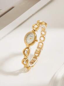 1 Pc Elegant Oval French-Style Women's Pearl Strap 30M Waterproof Pearl Dial Quartz Wrist Watch, Suitable For Daily Wear And Social Gatherings