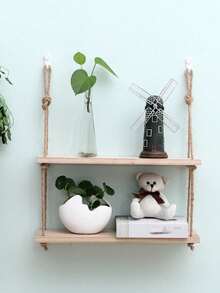 1pc(With Hook) Wall Hanging Decorative Rope Shelf, No Need To Drill, Suitable For Living Room,Study,Bathroom,Toilet,Kitchen,Dorm,Wooden Shelf, Wall Decor Rack, Storage Hanger, Kids Bookshelf, Cabinet