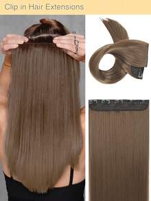 接发，长直发夹式接发合成接发耐高温，5 夹柔软厚实女士假发适合日常佩戴（浅棕色） - Light Brown - 查看 1