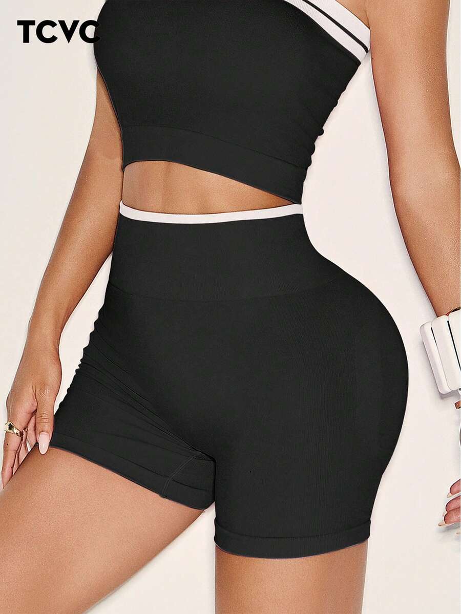 TCVC Women's Seamless High Waist Striped Stitching Elastic Shorts, Peach Butt Shaping Solid Color Sports Tight Shorts, Versatile For Running, Yoga, Gym, Outdoor - Black - View 1