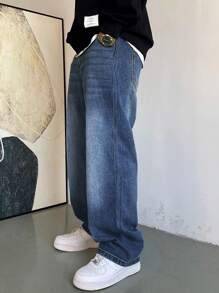 1 pieza Vaqueros rectos holgados de estilo japonés casual lavados para hombres