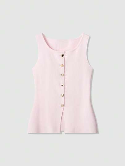 女式金色纽扣装饰针织背心