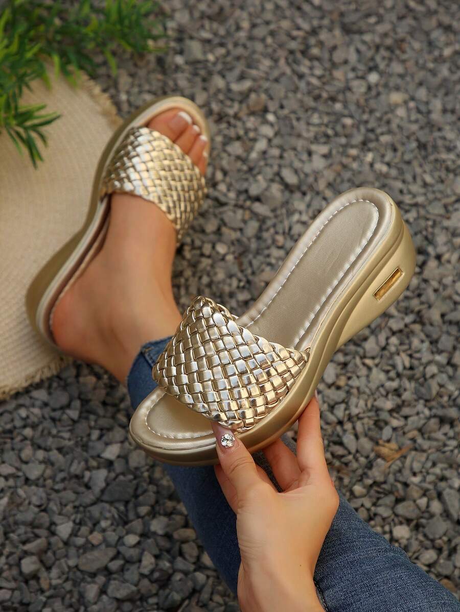 Giày sandal đế xuồng dệt kim dành cho nữ, giày cao gót thời trang thường ngày, phù hợp với váy vóc và đi biển, mùa hè, là món đồ cần thiết khi đi du lịch.