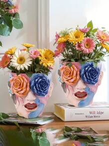 1 pièce Le design de vase en forme de visage, qui dégage le style esthétique de Qimeng, décore le vase, et le magnifique relief de rose est assorti de couleurs oniriques, chaque détail est sculpté avec un artisanat exquis. Il peut être utilisé pour décorer un coin de maison au style scandinave, rempli d'une atmosphère naturelle