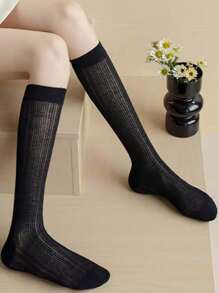 1 par de calcetines de punto liso con aplicación de encaje sobre la rodilla, calentadores de piernas con rayas verticales/de cuadrícula, calcetines de media caña con puño estriado y empalme, medias altas respirables con rayas verticales para JK