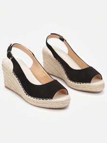 Wedge Sandals In Woven Design With Buckle, Casual Summer Holiday - Black - View 3