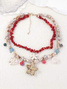 1pc Casual Luxury Boutique Style Ocean Vacation Starfish & Seashell Faux Pearl Layered Necklace, Versatile For Women - Exaggerated Necklace - View 3