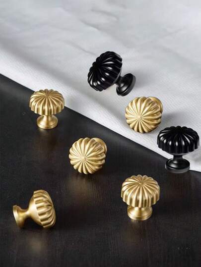 4pcs Modern Minimalist Pumpkin Style Cabinet Handles, Suitable For Wardrobe, Drawers, Cabinets, Children's Room, Dresser, Solid Copper Material, Solid Gold Single Hole Knobs, Screws Included