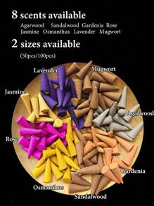 50/100pcs, Agarwood Incense Cone, Incense Tower, Home Incense, Air Purification, Meditation, Lavender, Agarwood Sandalwood, Gardenia, Jasmine, Osmanthus, Wormwood, Mixed Pack