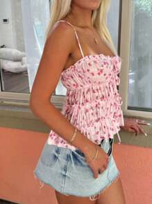 Women Summer Camisole Casual Floral Print Ruched Spaghetti Straps Tank Tops Sleeveless T-Shirt For Club Streetwear