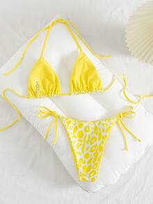 2pcs Women's Leopard Print Tie-Up Sexy Bikini Set, Suitable For Beach Vacation, Summer 2025