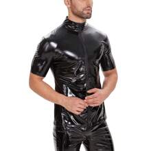 Men Glossy PU Leather Short-Sleeved Shirt Erotic Shaping Sheath Casual Coat Male Shiny Metallic Leather Tops Sexi