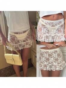 Women's Lace Mini Skirt Stylish Solid Mesh See Through Lace Floral Ruffled Hem Casual Low Rise Short Skirt For Summer - White - View 7