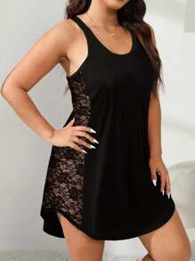 Plus Size Women Summer Casual Sleepwear Lace Round Neck Sexy Backless Camisole Nightgown, Vacation