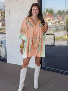 1pc Women Western & Bohemian Style Floral Print Vacation Boho Dress, Suitable For Street, Music Festival, Beach, Summer Casual Outfits