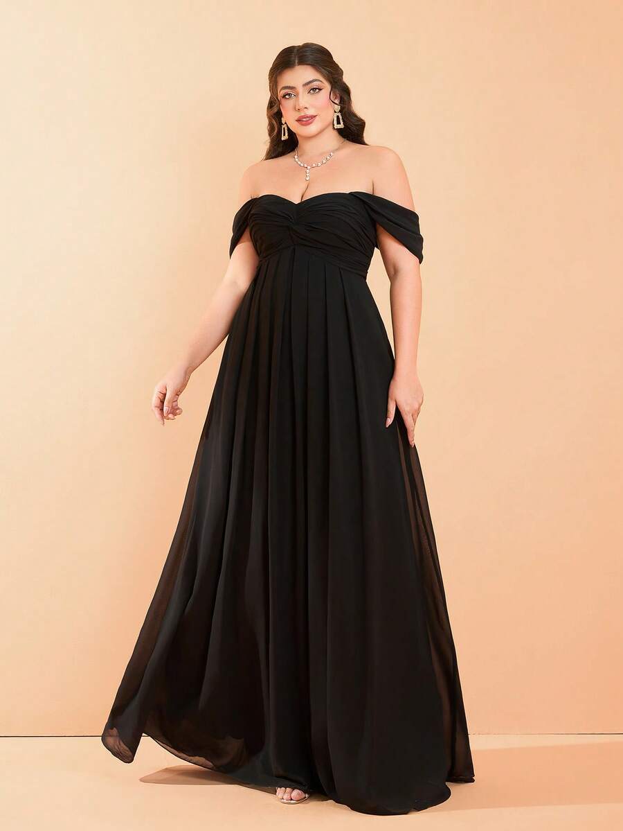 Mgiacy New Arrival Off Shoulder Plus Size Romantic Bridesmaid Dress Ruched Ruffle Chiffon Long Dress - Black - View 1