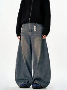 1 pieza Pantalones vaqueros anchos y holgados para hombre con efecto desgastado y lavado vintage, estilo casual y de moda estadounidense