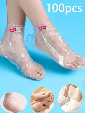 10/100/ Wegwerpbaar plastic voetmasker, hydraterende en barstbestendige voetbeschermer, zacht, comfortabel, hydraterend en transparant, zeer geschikt voor dagelijks gebruik met bodycrème, een must-have voor thuisspa-reizen (willekeurige vaste stickerkleur), keuken, badkamer, huis, huishoudelijke artikelen