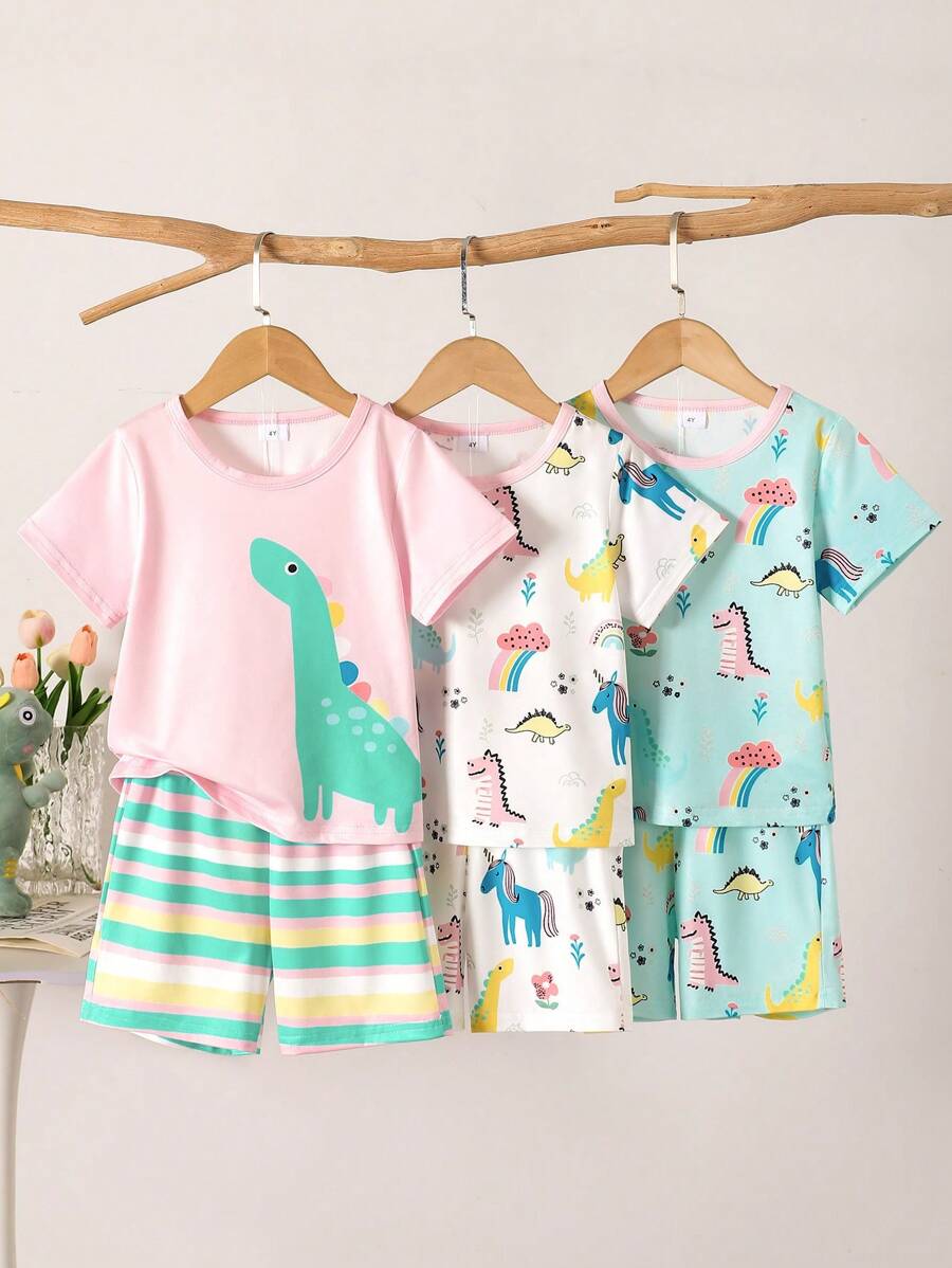 BrownBark 6 قطع/مجموعة ملابس كاجوال للبنات، ملابس علوية بطبعة ديناصور+توب أكمام قصيرة+شورت كاجوال، ملابس منزلية مريحة للأطفال