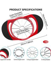 1pc Apple Slicer, Stainless Steel Upgraded 12-Blade Sharp Apple Slicer Large Size, Ergonomic Plastic Handle Non-Slip Easy To Hold, Kitchen Fruit Separator Rust-Proof And Easy To Clean Red(20cm)