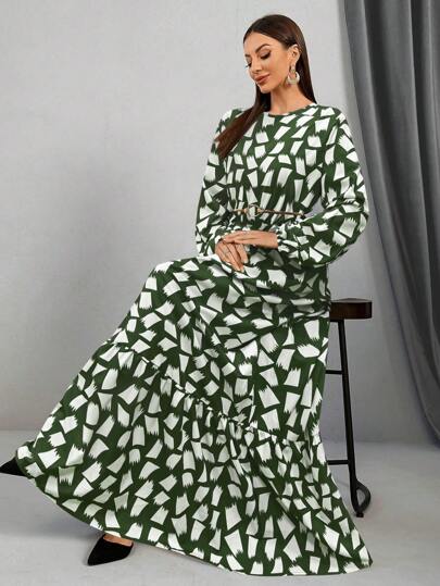 女士休闲全印花超长阿拉伯风格连衣裙，情人节长袍连衣裙，端庄