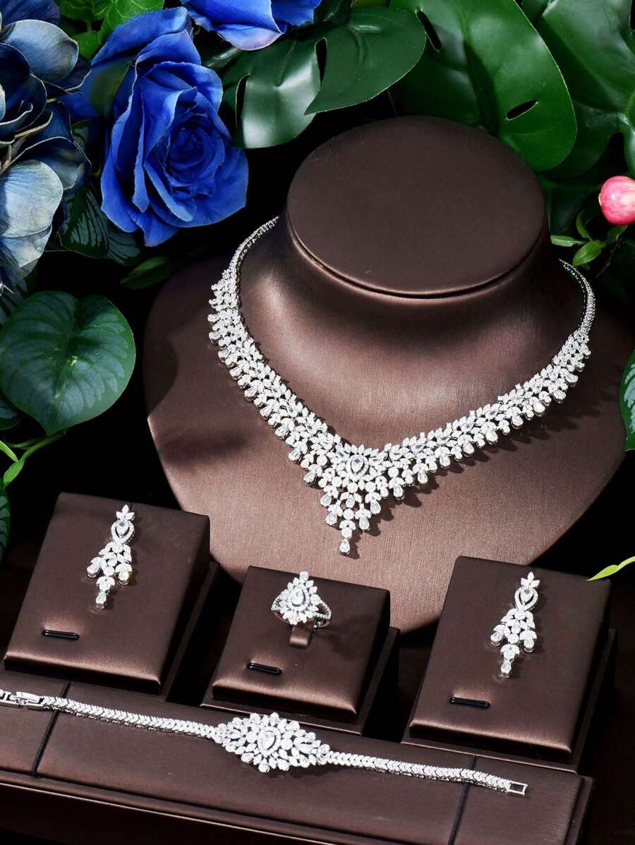 1 set Élégant bijoux avec décoration de goutte d'eau en CZ, convient comme cadeau d'anniversaire pour les femmes