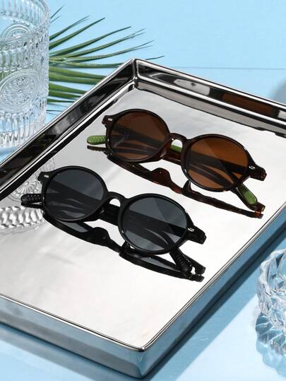 2pcs/Set Vintage Oval Small Frame Plastic Sunglasses, Unisex Classic Style For Outdoor Travel Beach Holiday Casual Daily Wear Summer UV Protection Driving