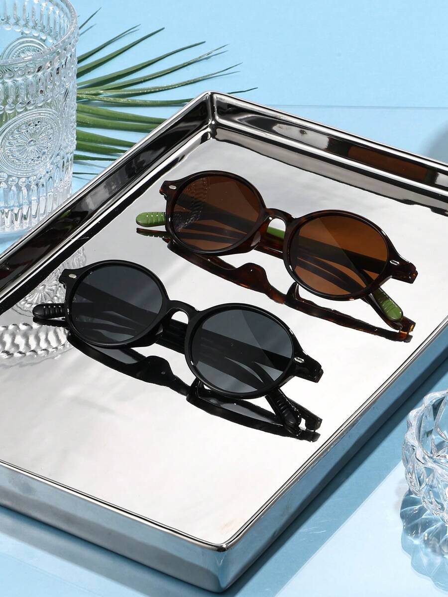 2pcs/Set Kacamata Hitam Plastik Bingkai Kecil Oval Vintage, Gaya Klasik Unisex untuk Perjalanan Luar Ruangan, Liburan Pantai, Pemakaian Sehari-hari Kasual, Perlindungan UV Musim Panas, dan Mengemudi - MultiWarna - View 1