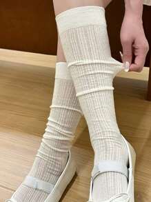1 par de calcetines de punto liso con aplicación de encaje sobre la rodilla, calentadores de piernas con rayas verticales/de cuadrícula, calcetines de media caña con puño estriado y empalme, medias altas respirables con rayas verticales para JK