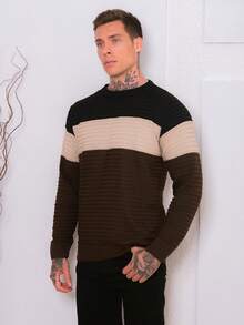 Men's Knitted Sweater Cold-Weather Blouse Round Neck Long Sleeve Wool Blouse - Brown - View 1