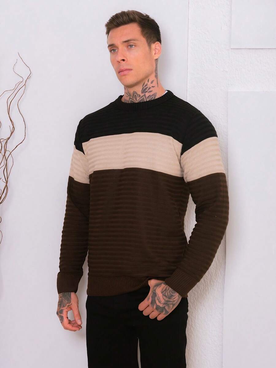 Men's Knitted Sweater Cold-Weather Blouse Round Neck Long Sleeve Wool Blouse - Brown - View 1