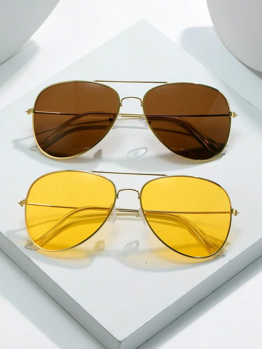 2 chiếc kính thời trang Unisex gọng kim loại phong cách cao bồi cổ điển thập niên 90, màu vàng nhìn ban đêm + nâu cà phê, thích hợp cho kỳ nghỉ, đi làm, nhiều dịp ngoài trời khác nhau, lễ hội mùa hè, nhạc rock, hòa nhạc rap, rave, lễ hội âm nhạc, lễ hội bãi biển, trình diễn ánh sáng cho kỳ nghỉ bãi biển mùa hè, ngoài trời, du lịch - Vàng - Xem 1