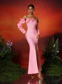 Love Aing Vestido de cóctel con espalda descubierta, manga larga, abertura lateral y aplicación floral 3D hecha a mano para mujer Love Aning, elegante para baile de graduación, gala, boda semi-formal, adecuado para cumpleaños, graduación, cena, regreso a casa, vestido de noche