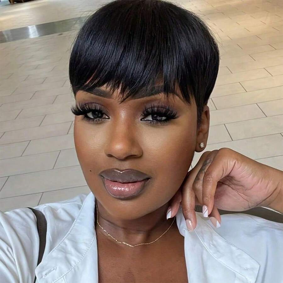 1 Pc Straight Short Pixie Cut Human Hair Wigs For Women Brazilian Remy Hair 4 Inch Layered Machine Made Wigs With Bangs Black Color Pixie Cut Wig For Daily Use 150% Density - Natural Black - View 1