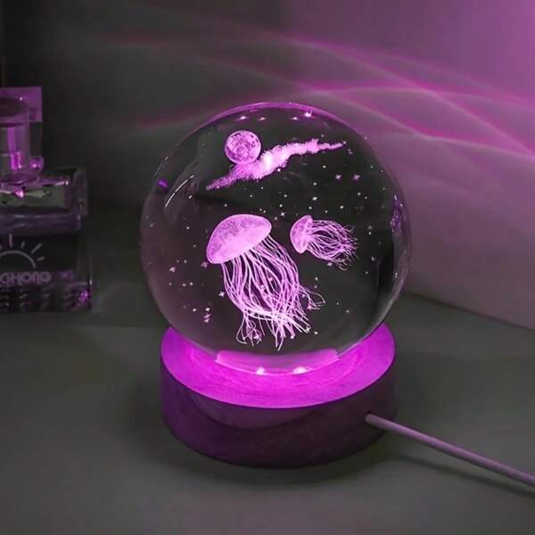 1pc Jellyfish Mood Light With Wooden Base - USB Powered Glass Desktop Lamp With Color Changing Geometric Pattern, Animal Themed Home Decor, Living Room Table Lighting, Ideal Gift For Birthday, Valentine's Day, Christmas
