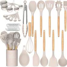 33pcs Silicone Kitchen Utensils Set With Wooden Handle And Storage Bucket, Wooden Handle Silicone Kitchen Gadgets Utensil Set - Khaki - View 1
