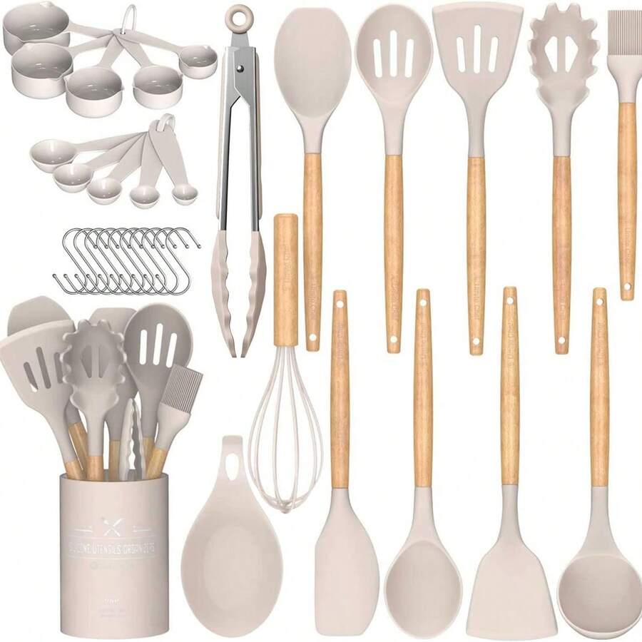 33pcs Silicone Kitchen Utensils Set With Wooden Handle And Storage Bucket, Wooden Handle Silicone Kitchen Gadgets Utensil Set - Khaki - View 1