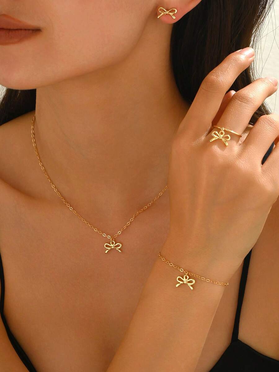 Set de 5 piezas de collar, anillo, aretes y pulsera minimalistas y de moda con lazo, versátiles para el uso diario y combinación personalizada - Dorado - Ver 1