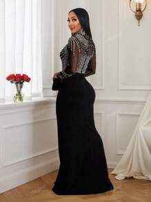 Vestido largo de mujer con cuello alto, manga larga, abertura lateral y adornos de rhinestone, sexy para verano