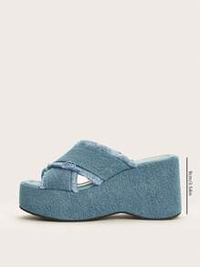 Soft Pale Blue Washed Denim Peep Toe Cross Strap Chunky Platforms, Premium Soft Leather Insole, Slip Resistant Sole, Comfort Fit Thick Sole Wedge Sandals, Versatile Classic Fashion