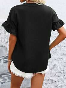 Women's Summer Pleated V-Neck Button Ruffle Blouse - Black - View 3