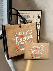Creative Teacher Letter Printed Linen Handbag With Wallet Makeup Bag, Block Shopping Bag, Teacher Thanks Gift, Women's Linen Large Capacity Handbag,Portable Leisure Storage Handbag, Multi-Function Shopping Bag, Thank You Gift, Innovative Design, Large Capacity, Can Give Gifts To Lovers And Friends, Suitable For Holiday, Daily, Errands, Supermarket Shopping - Multicolor - View 2