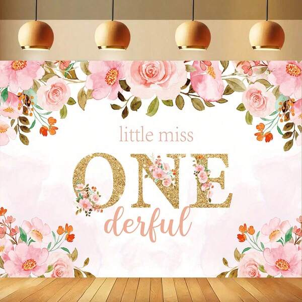 1 Pancarta "Pequeña señorita" para 1er cumpleaños, pancarta de 1er cumpleaños con flores acuarela en tonos pastel, decoraciones de 1er cumpleaños en dorado, para cualquier ocasión, de material vinílico, sin necesidad de electricidad