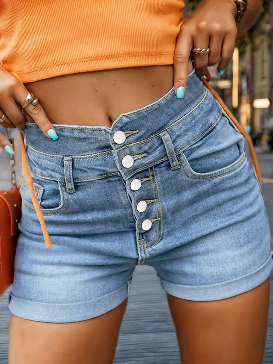 Women's High Waisted Elegant Button Front Denim Shorts - Light Blue - View 1