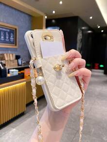 1 Stück Silber Perlen & Platin Schlüsselband Kartenhalter + 1 Stück beige gerade Kante Engelsauge Perforation stoßfeste tragbare Handyhülle, kompatibel mit Apple/Redmi/OPPO/VIVO/Realme, internationale Version, nicht die Inlandsversion - Beige - Übersicht 5