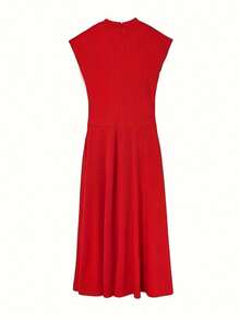 Solid Color Elegant Casual Zipper Pocket Dress, Suitable For Party - Red - View 3